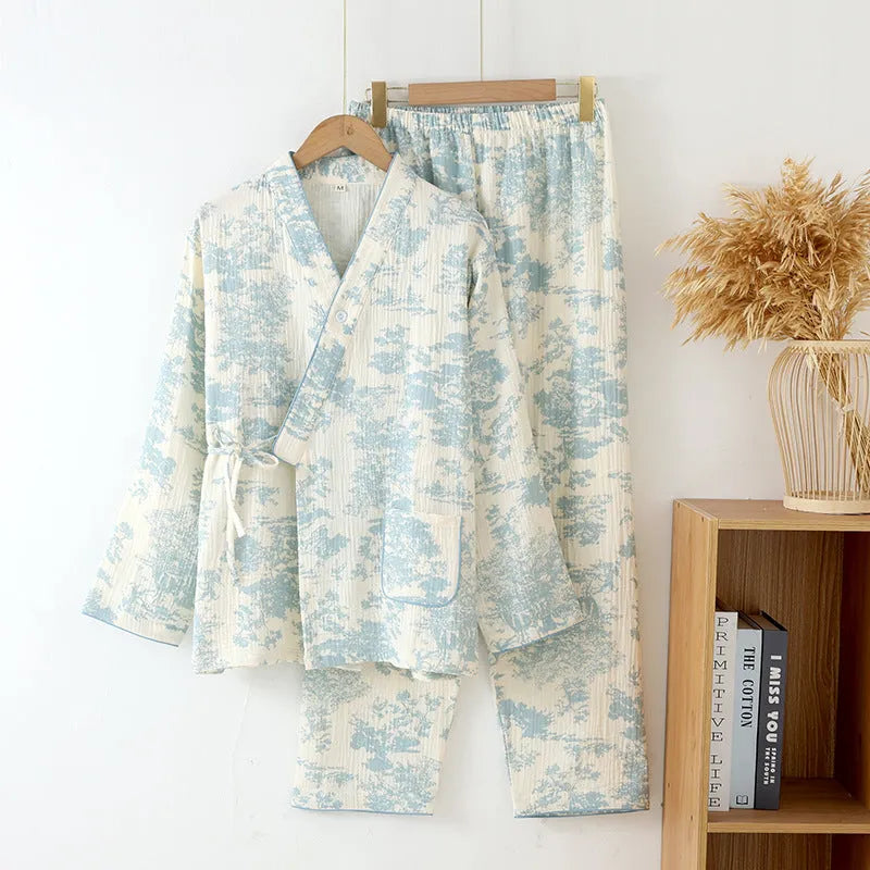 Women's pink pure cotton gauze long sleeve top and matching trousers lounge suit set.