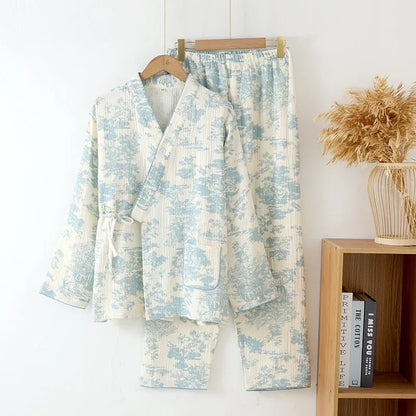 Women's pink pure cotton gauze long sleeve top and matching trousers lounge suit set.