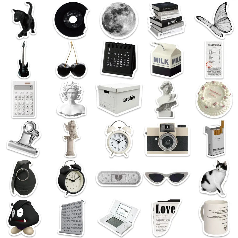 Black and white PVC sticker collection with 61 pieces for laptop and device customisation and protection