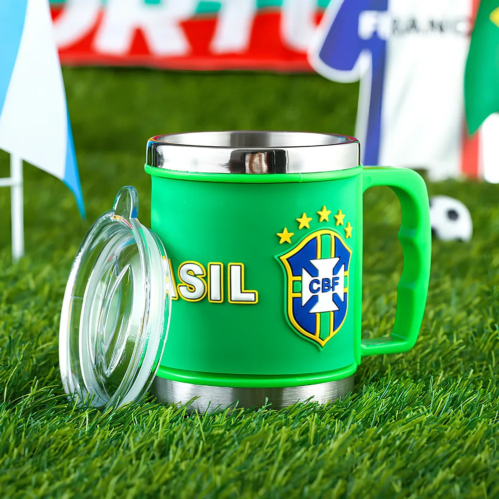 World Cup football mug in team colours with 7.6cm diameter and rubber-metal construction