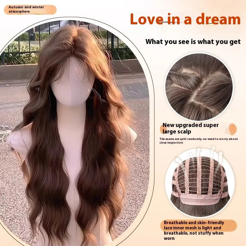 Full head synthetic wig with long curly brown hair and side bangs, made from high temperature fibre.
