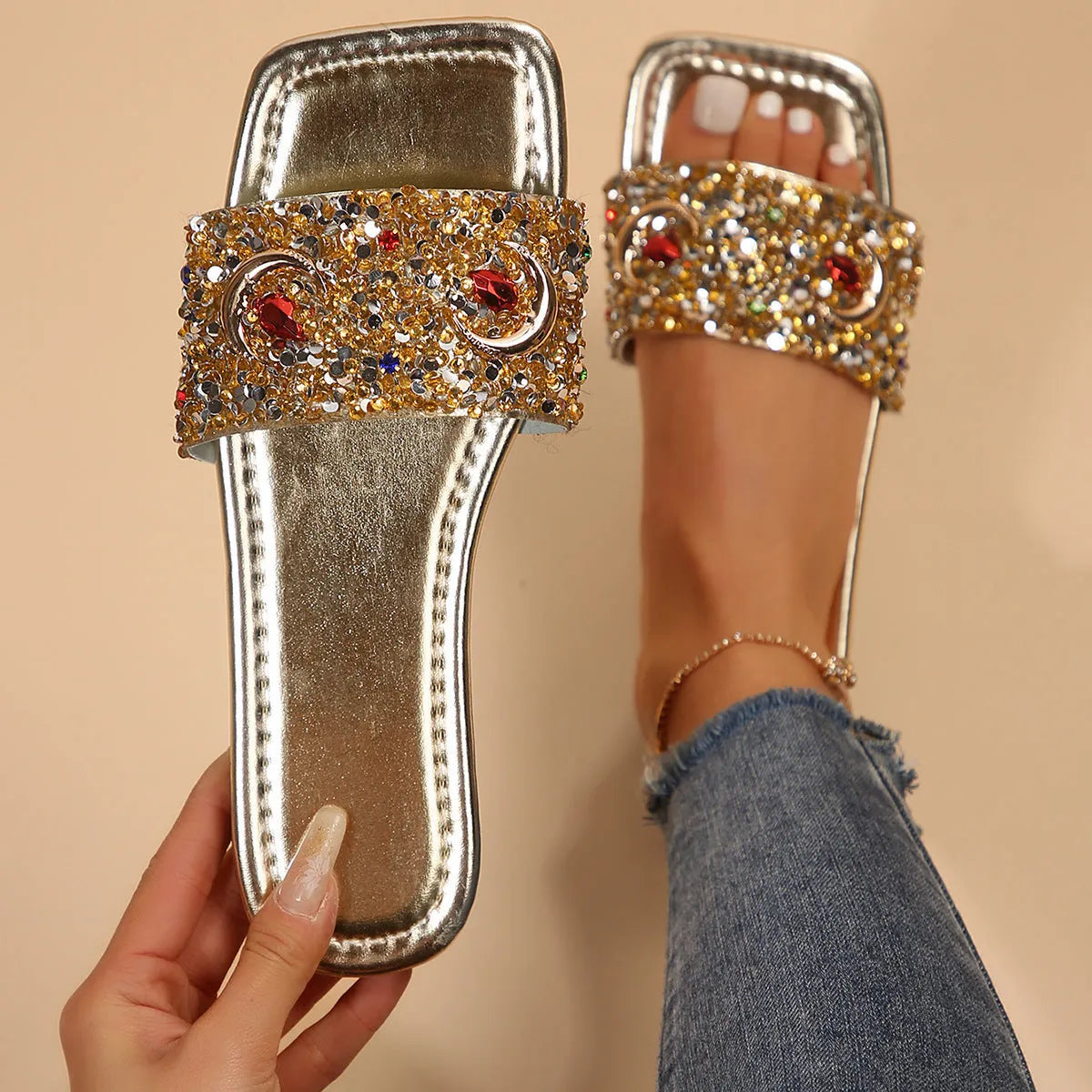 Gold women's flat slippers with rhinestone and sequin decoration on the PU upper.
