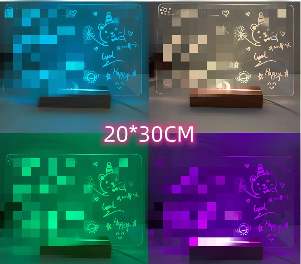 Transparent luminous acrylic note board measuring 100mm x 160mm with erasable surface and included pen