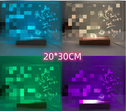 Transparent luminous acrylic note board measuring 100mm x 160mm with erasable surface and included pen