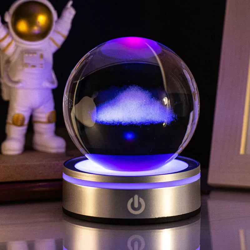 3D inner carving luminous crystal ball night lamp with 8cm white crystal and round touch USB base