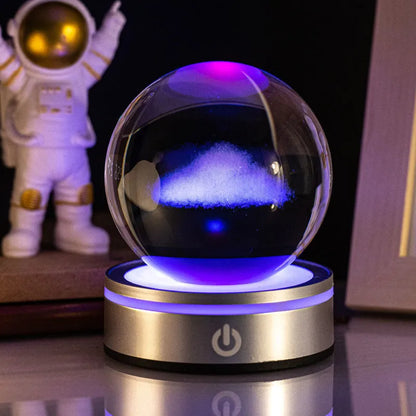 3D inner carving luminous crystal ball night lamp with 8cm white crystal and round touch USB base