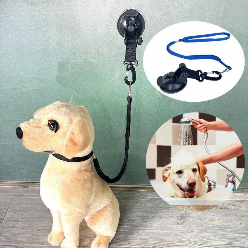 Pet bathing restraint device with suction cup handcuffs and traction rope in black or blue colour