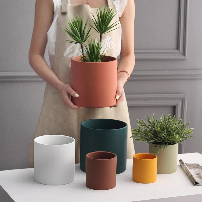 Nordic style cylindrical ceramic flowerpot with drainage hole for plants