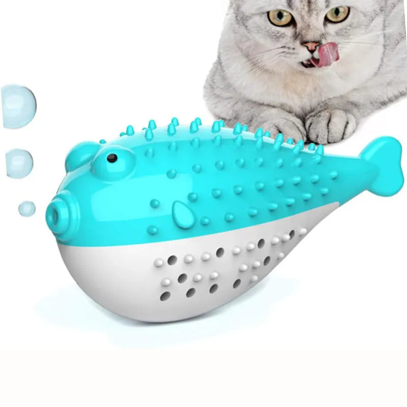 Small blue silicone fish-shaped chew toy for cats on a plain background.