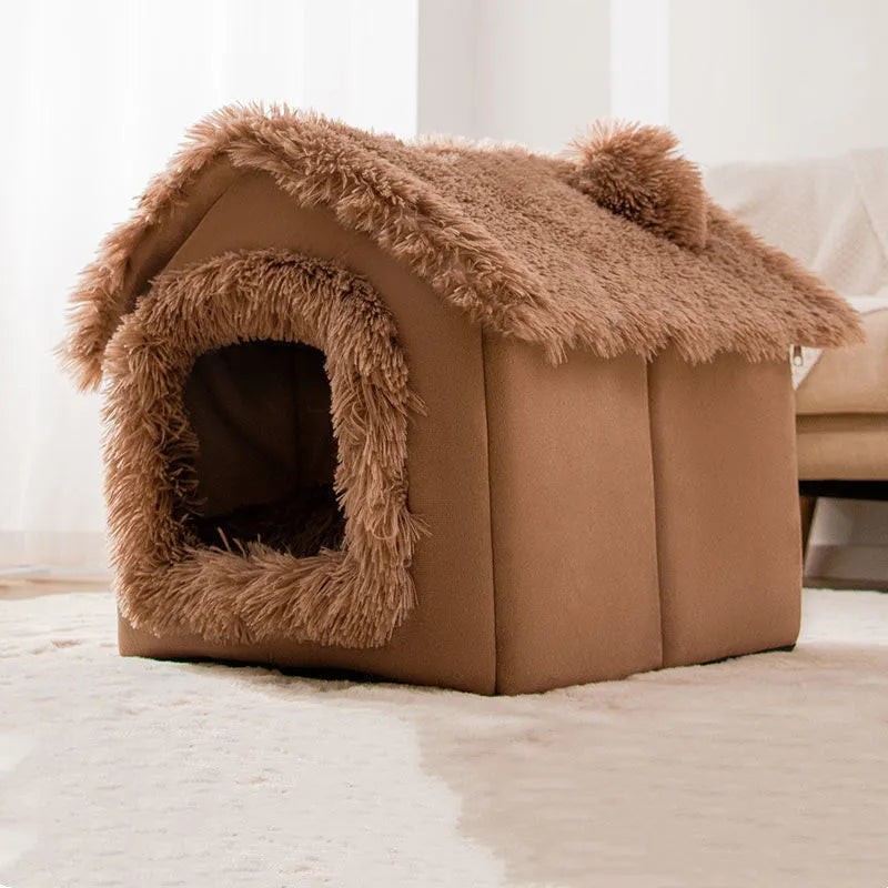 Removable washable plush pet bed house for cats and small dogs, closed yurt shape, available in brown, yellow, grey, blue and pink