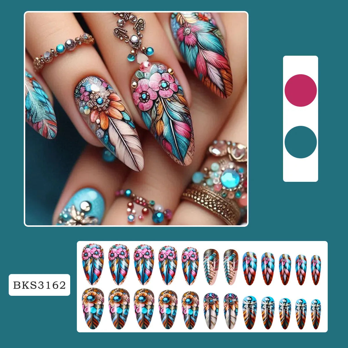 Retro style nail art decals featuring colourful feather armour designs with cartoon, flower, love, butterfly, and cross heart patterns.