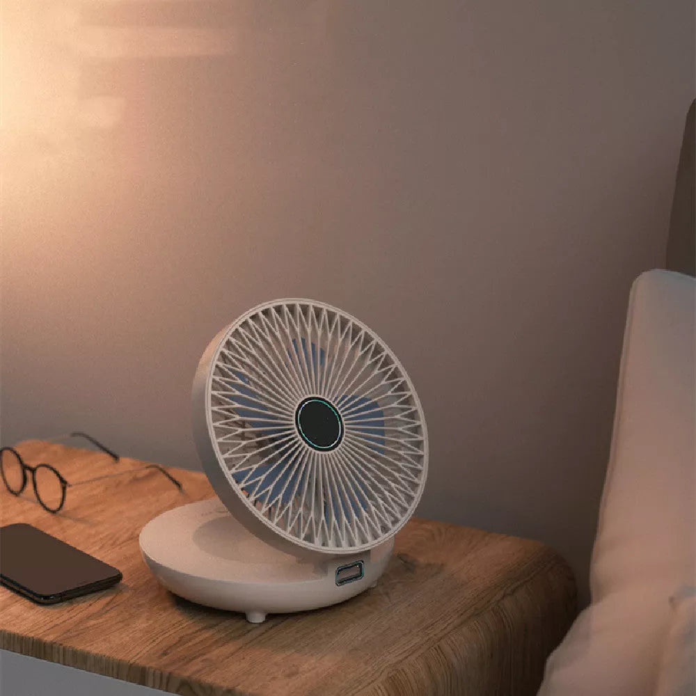 Compact folding wall-mounted fan in white or blue with USB power option