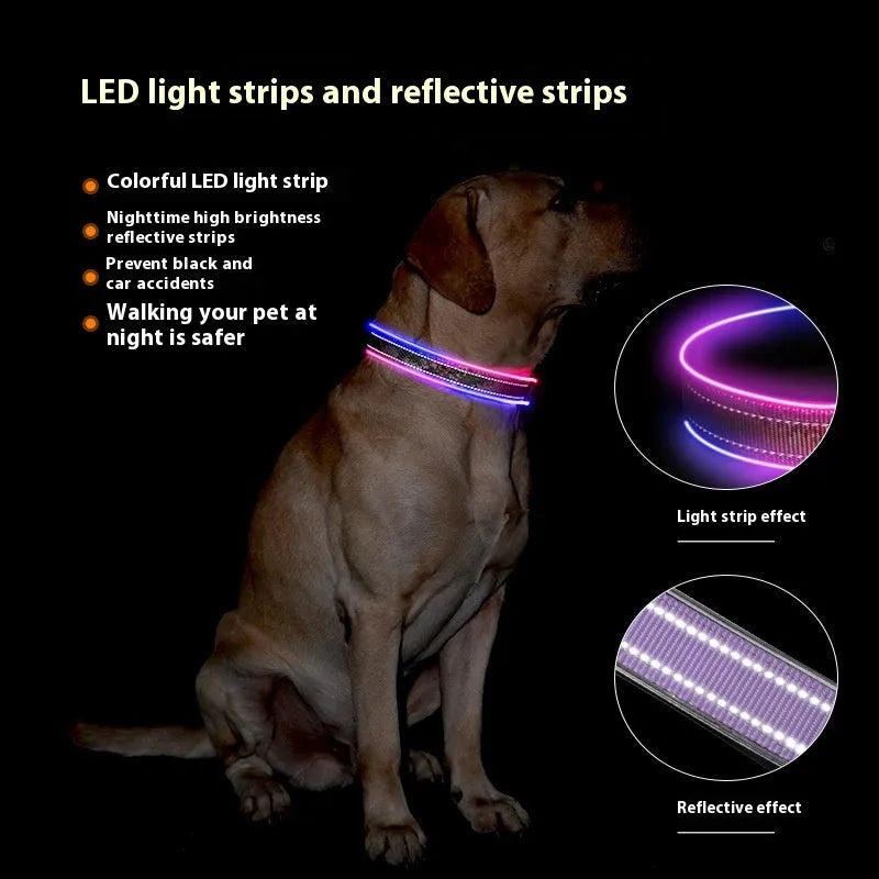 Blue and green plaid LED luminous dog collar with reflective stripe and USB charging cable