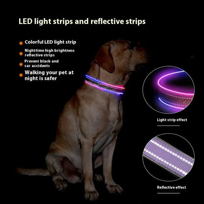 Blue and green plaid LED luminous dog collar with reflective stripe and USB charging cable