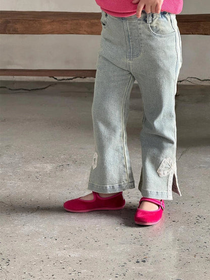 Vintage elastic lace bow bell-bottom pants for children with adjustable hair band belt and 100% cotton denim