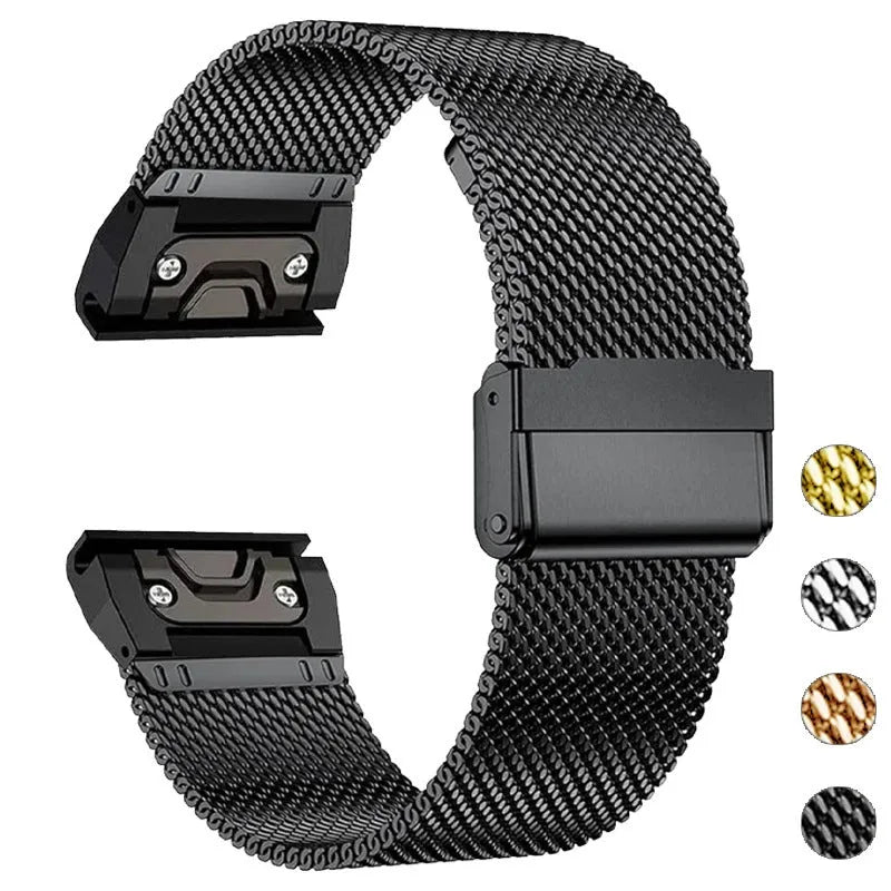 Stainless steel card strap for Garmin Fenix watch showing integrated card slot and buckle closure