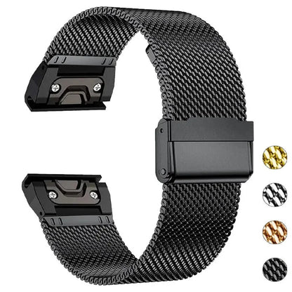 Stainless steel card strap for Garmin Fenix watch showing integrated card slot and buckle closure