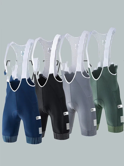 Men's black cycling suspender shorts for road biking with integrated straps and moisture-wicking fabric