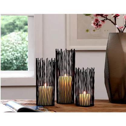 Black wrought iron geometric candle holder with manual craftsmanship and three size options