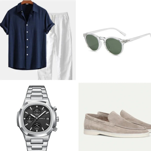 Casual loose beachwear suit in cotton linen blend with half sleeves and trousers, includes glasses shoes watch accessories