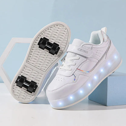 Children's charging flash roller skates with LED lights in pink, white, purple, and black colour options