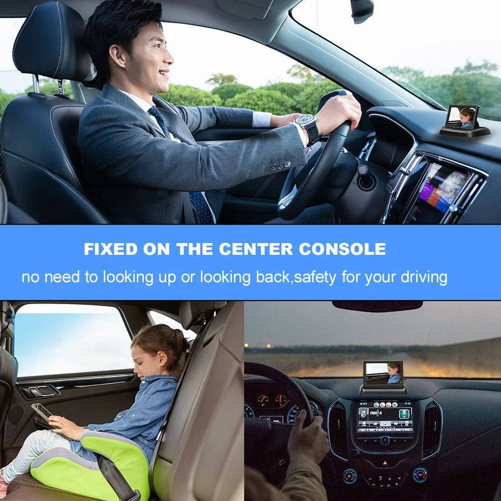 Black folding baby monitor with 4.3-inch screen and rear camera for car installation