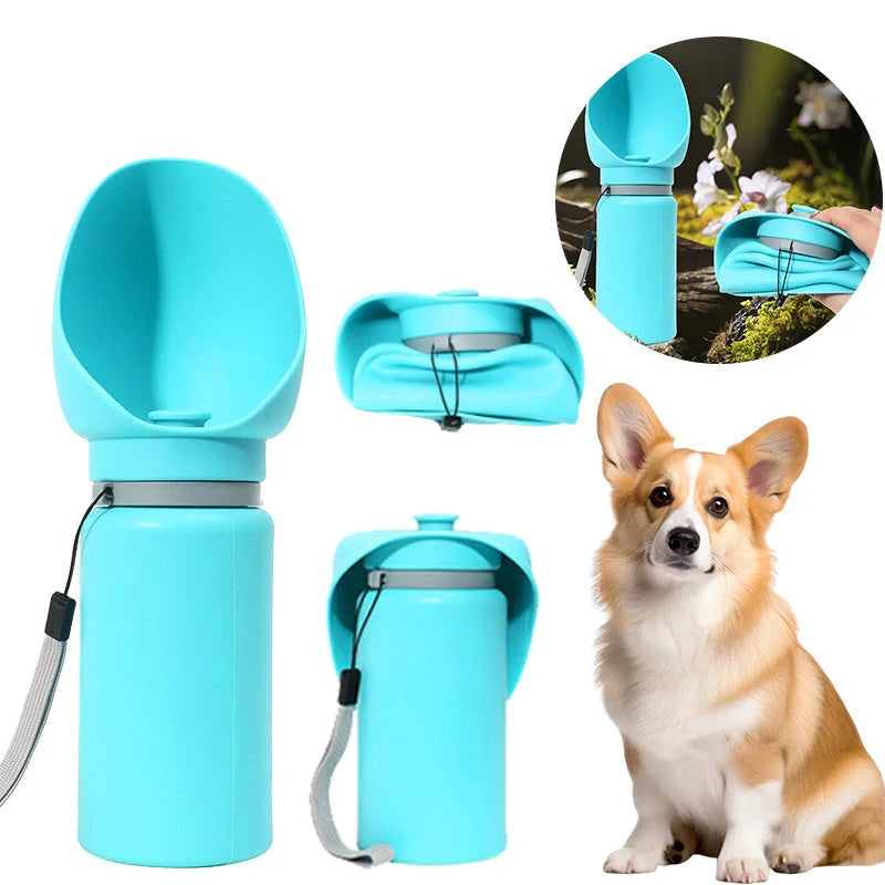 Blue and grey folding pet water bottle with leak-proof seal for dogs and cats
