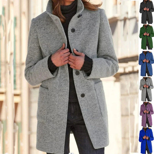 Fashionable woolen coat with stand collar, pockets, and button closure for women's fall and winter outerwear