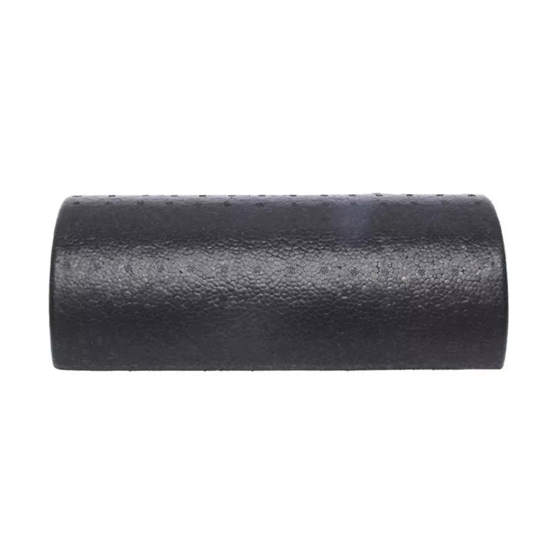Semi-circular yoga foam roller in black, 30cm length, for muscle massage and stretching