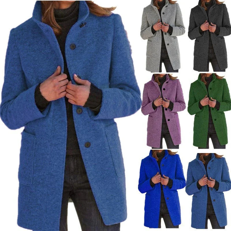 Fashionable woolen coat with stand collar, pockets, and button closure for women's fall and winter outerwear