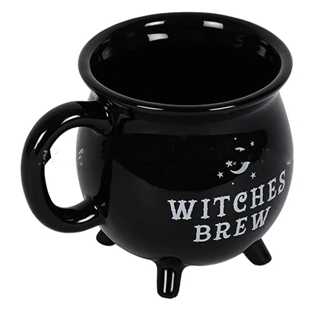 Black ceramic witch coffee mug with cartoon design showing 350ml capacity