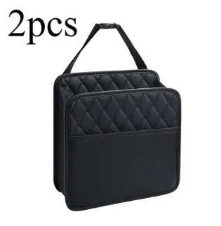 Leather car interior hanging storage bag organiser in black colour measuring 25x25x8 cm