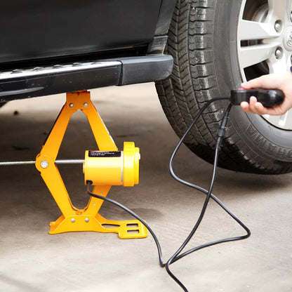 Electric hydraulic jack kit showing 120-350mm height adjustment and 2-ton lifting capacity for vehicle maintenance