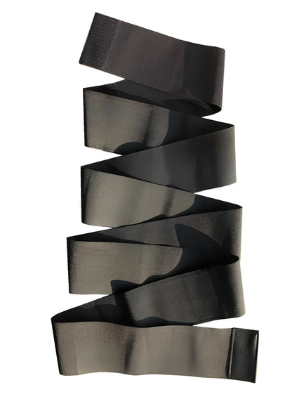 Red and black polyester waist training belt with binding strap for body sculpting