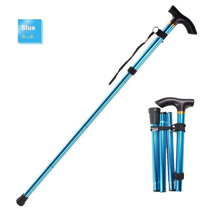 Aluminium alloy folding cane extended to 95 cm with non-slip rubber tip, showing adjustable height mechanism
