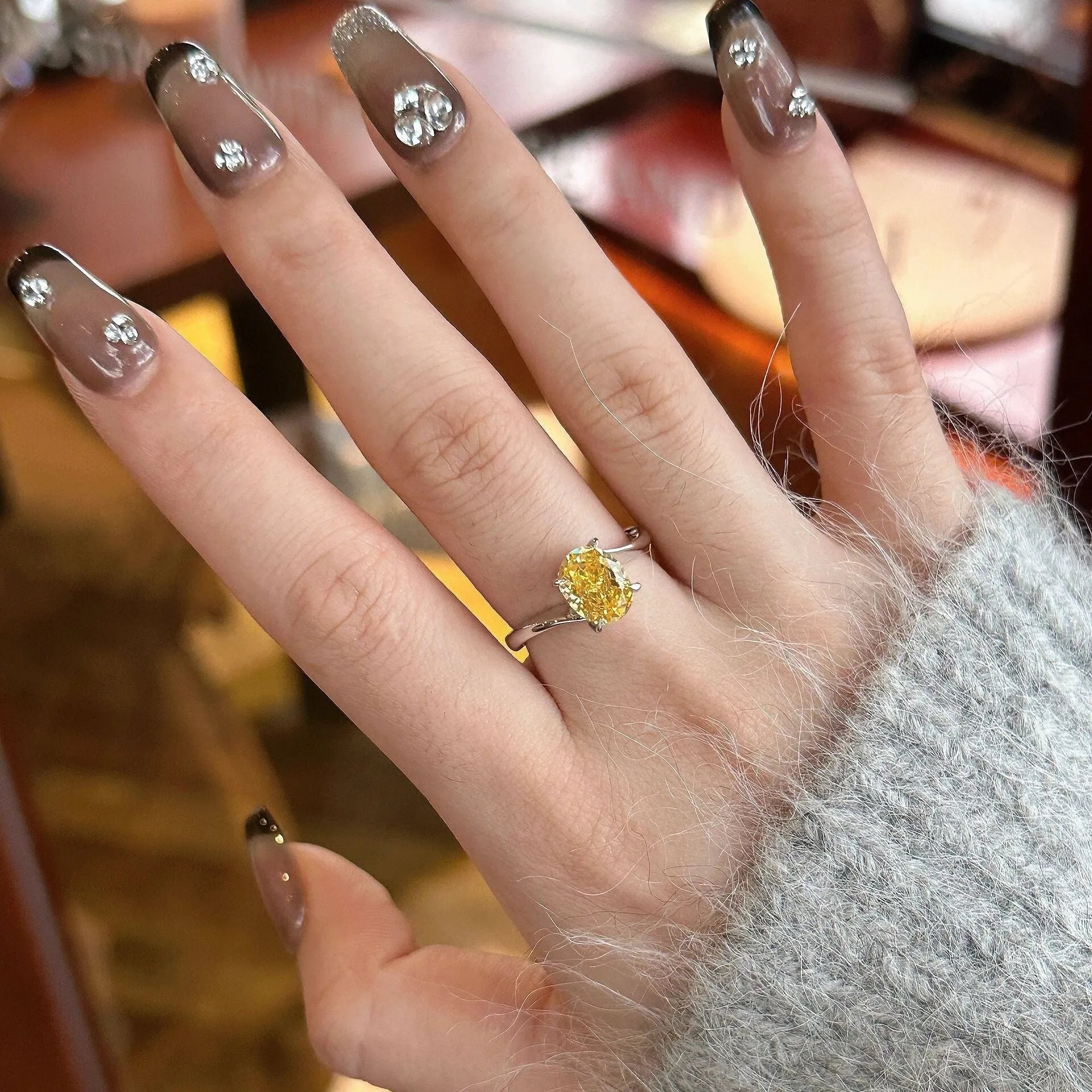 Yellow rock sugar crystal fashion ring for women in copper, showing Seiko-treated finish.