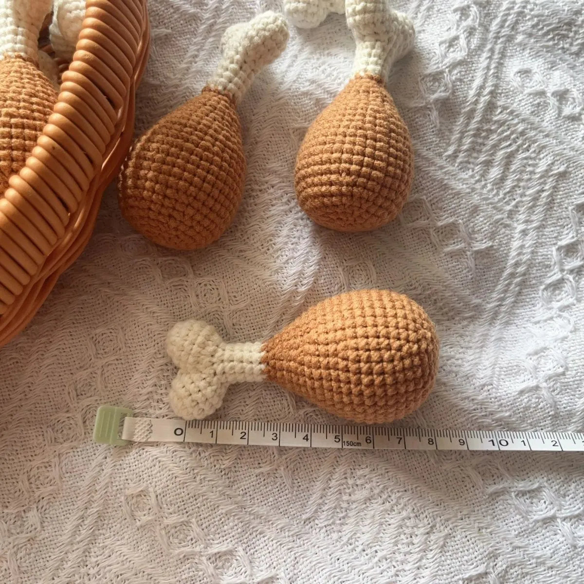 Handmade crocheted chicken leg key pendant in colourful plush, approx 8 cm long
