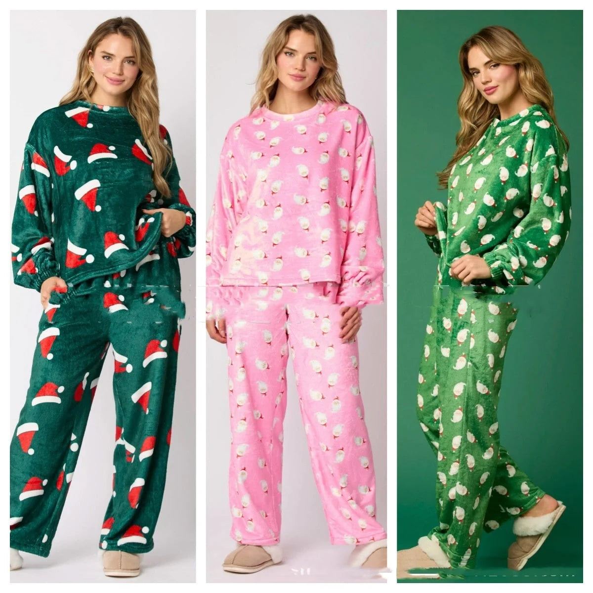Cozy Christmas-themed flannel pajama sets for women featuring Santa Claus and festive holiday designs