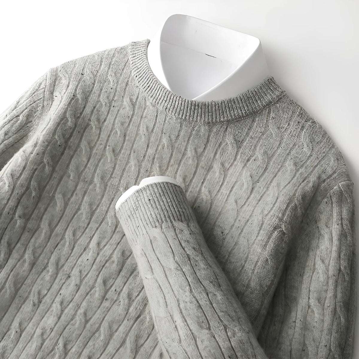 Men's twist round neck wool pullover sweater in white and gray, loose fit, long sleeves, sizes S to 3XL