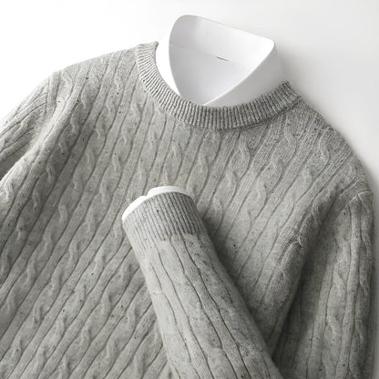 Men's twist round neck wool pullover sweater in white and gray, loose fit, long sleeves, sizes S to 3XL