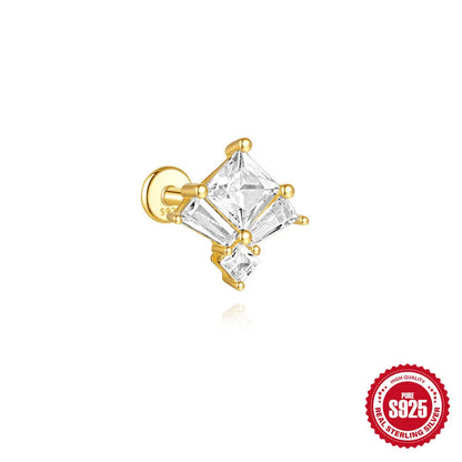 S925 sterling silver zircon stud earrings with a delicate 1.5cm gold-tone chain drop, shown in clover design.