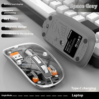 Transparent wireless computer mouse showing internal components with USB connection