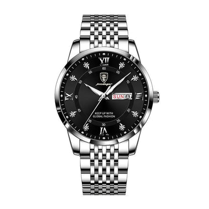 Men's Seiko quartz watch with 43mm round dial, stainless steel strap, 50m water resistance, luminous calendar, sapphire crystal glass