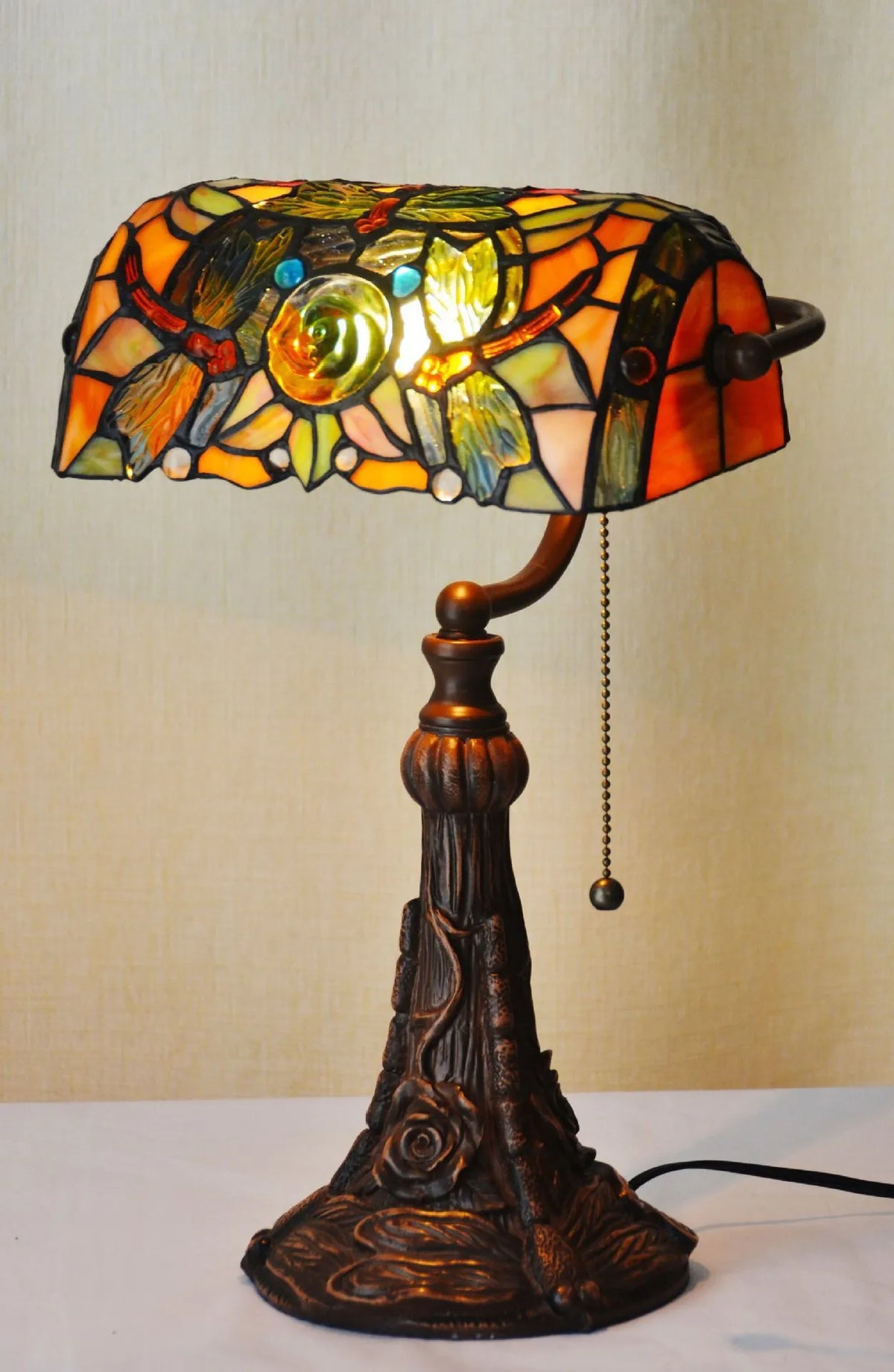 10-inch Tiffany table lamp with stained glass lampshade and resin base, 36cm height, on a study desk