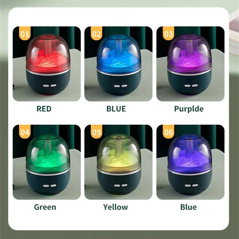 Ultrasonic aromatherapy humidifier with color-changing LED lights, compact and sleek design for home or office use