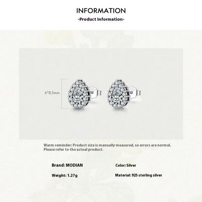 A pair of women's silver drop-shaped ear studs with a polished finish on a white background.