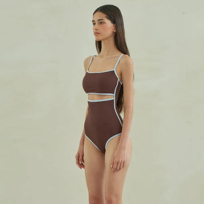 Brown women's one-piece swimsuit with V-neck front and adjustable tie straps at neck and back.