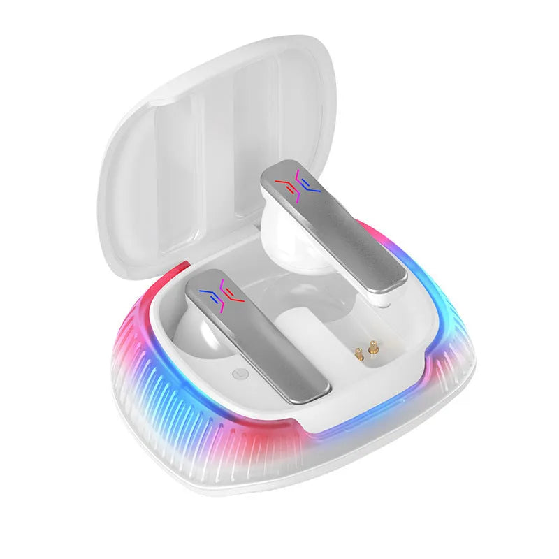 Wireless gaming headset featuring Hall Flashing low-latency technology for mobile and PC gaming with a 15-metre transmission range using Bluetooth 5.0 stereo channel earplug design in Supreme Black or Elegant White colour options.