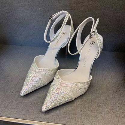 Women's hollow high heels with red sole, stiletto heel, and pointed toe in silver or black colours