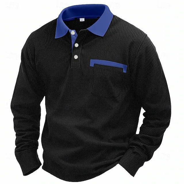 Men's long-sleeved waffle texture polo shirt with asymmetric design in loose fit